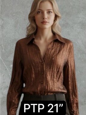 2 for $30 ✅ Essentials by Milano Crinkled Brown Button Down Shirt